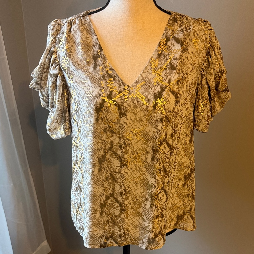 THML Animal Print Blouse Puff Sleeves Beige/Metallic/Gold. Size small